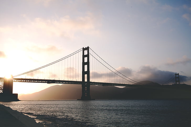 Bridge, Golden gate bridge, hav, San francisco bay, solnedgang, hengebro, vann
