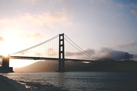 bridge, golden gate bridge, ocean, san francisco bay, sunset, suspension bridge, water