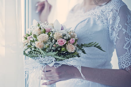 people, woman, bride, wedding, marriage, bouquet, love