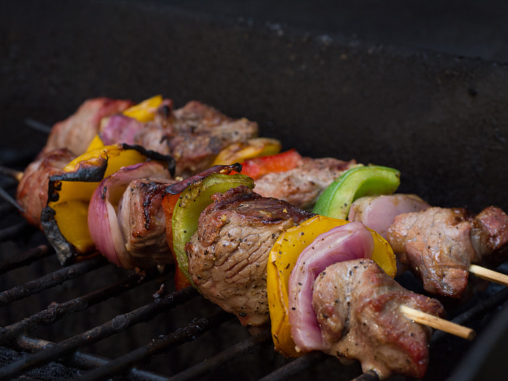 skewer, meat, vegetables, grill, food, bbq, barbecue