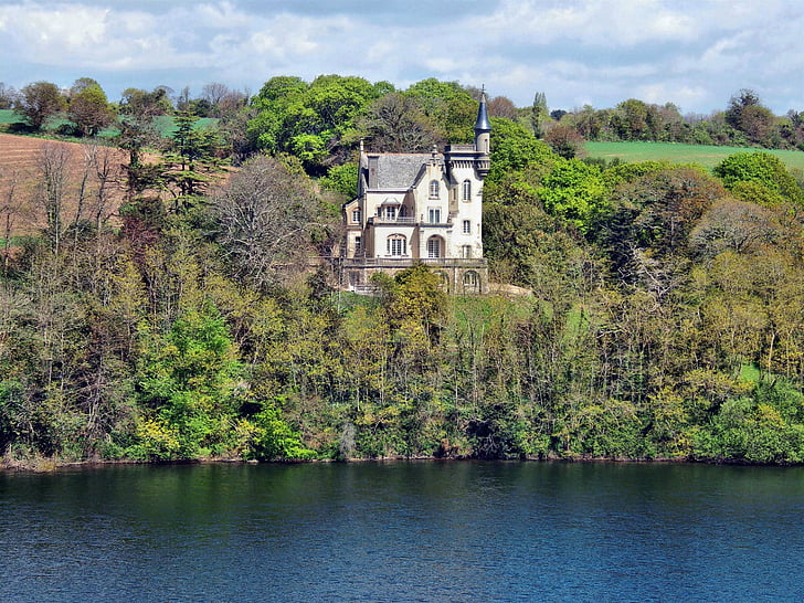 Manor, floden, Bretagne, träd, landskap, vattendrag, grön