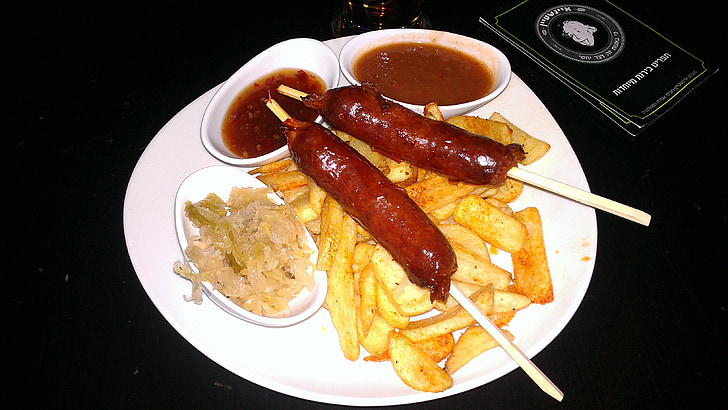 sausage, fries, dinner, food, hot dog