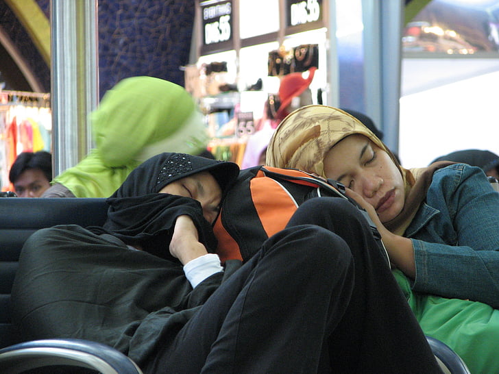 lufthavn, passager, sovende, træt, kvinder, asiatiske, venter