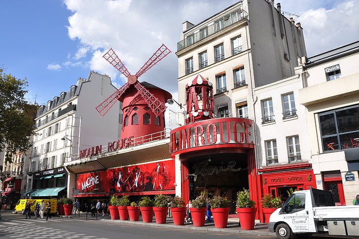 Paris, mulin rouge, kabare, Bina dış, sokak, bulut - gökyüzü, Kırmızı