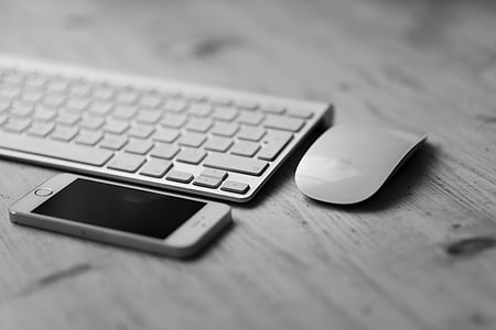 black-and-white, desk, iphone, keyboard, magic mouse, smartphone, technology