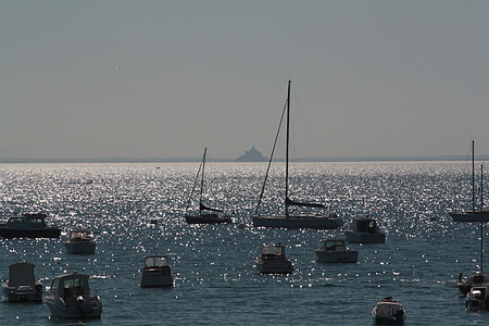 Bretaña, mar, barcos, azul, paisaje, Mont saint michel