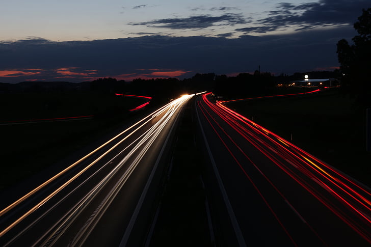 autobahn, time exposure, sunset