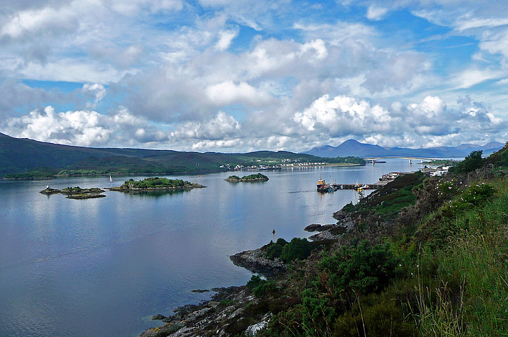 lake, scotland, landscape, islands, blue, clouded sky, nature