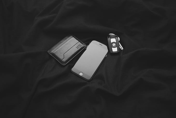 pomme, en noir et blanc, BMW, iPhone, clés, téléphone mobile, Téléphone