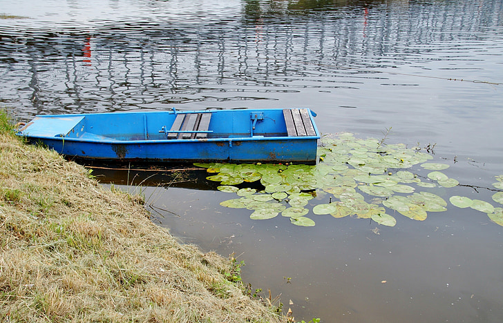 rowboat, blue, boat, punts, river