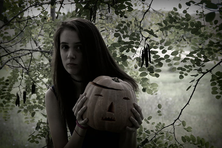 halloween, pumpkin, girl, forest