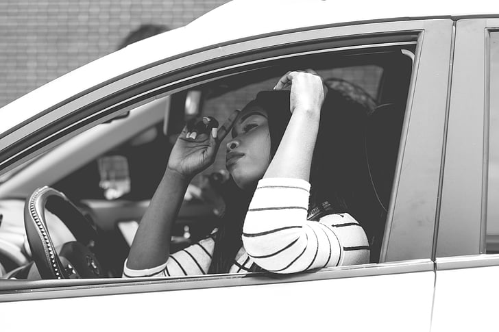 woman, girl, car, vehicle, window, steering wheel, stripe