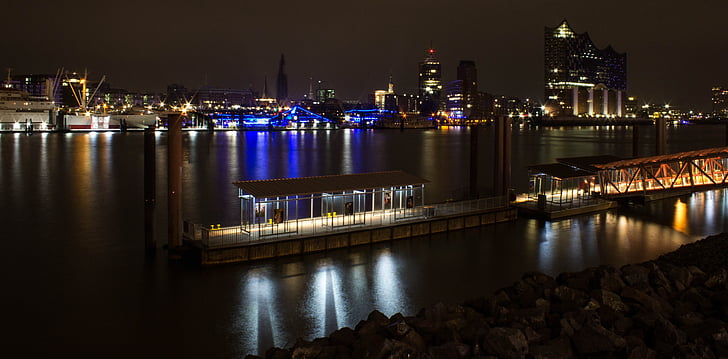 Hamburg, Port, statek, Landungsbrücken, wody, Port w Hamburgu, Elbe Filharmonii