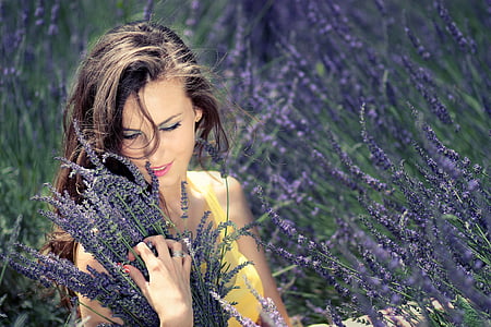 girl, lavender, flowers, mov, beauty, nature, women
