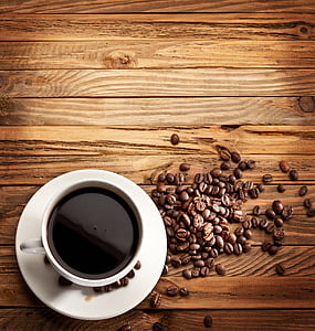coffee, cup of coffee, coffee beans, drink, dark wood, coffee cup, food
