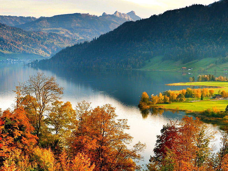 озеро, краєвид, Осінь, Швейцарія, ägerital, вражаючі, Природа