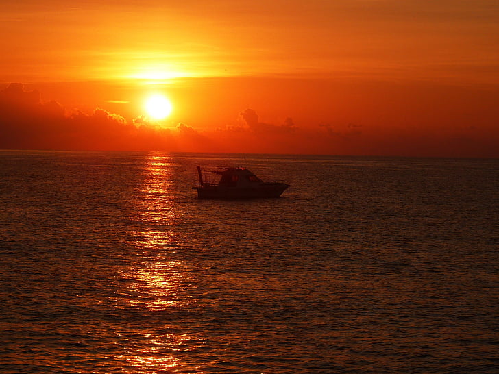 solopgang, havet, atmosfærisk, boot, romantisk, spejling, Middelhavet