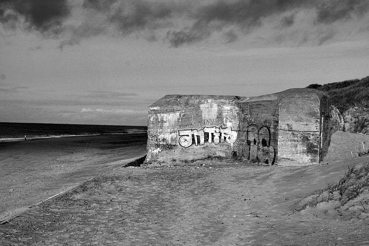 Bunker, mer du Nord, plage, Graffiti, mer, Côte, Danemark