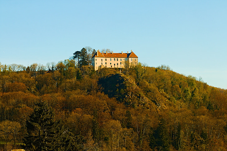 house, castle, building, summit, sky, blue, isolated form