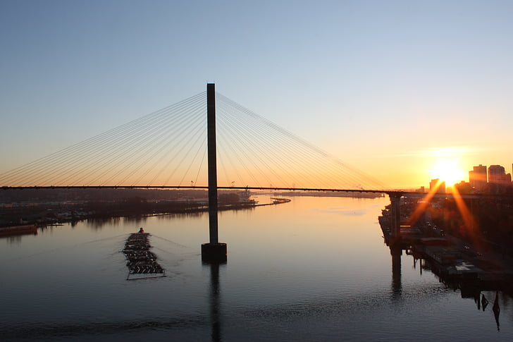 coucher de soleil, fleuve Fraser, New westminster, Colombie-Britannique, pont