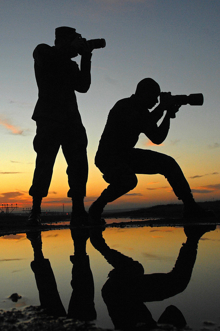 photographers, silhouette, reflection, landscape, sky, sunset, horizon