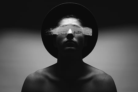 grayscale, photo, man, wearing, hat, topless, black