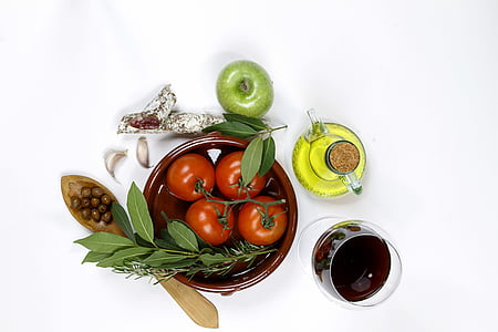 Still-Leben, Öl, Tomaten, Essen, Gemüse, Äpfel, Grün