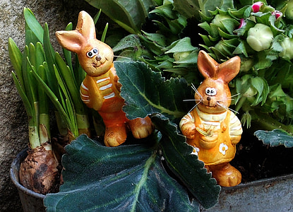 easter, rabbit, decoration, festival, daffodils, flowerpot, ceramic figurines