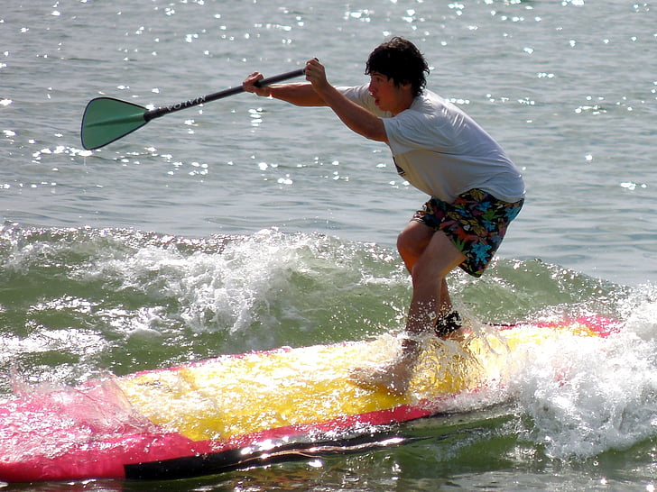 szörfözés, fiú, szórakozás, vízi sportok, óceán, víz, nyári