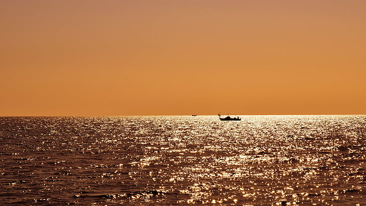 seara, mare, barci, apus de soare, natura, timp de pescuit, dupa-amiaza