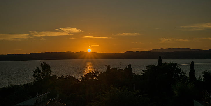 sunset, lake garda, italy, landscape, water, summer, blue