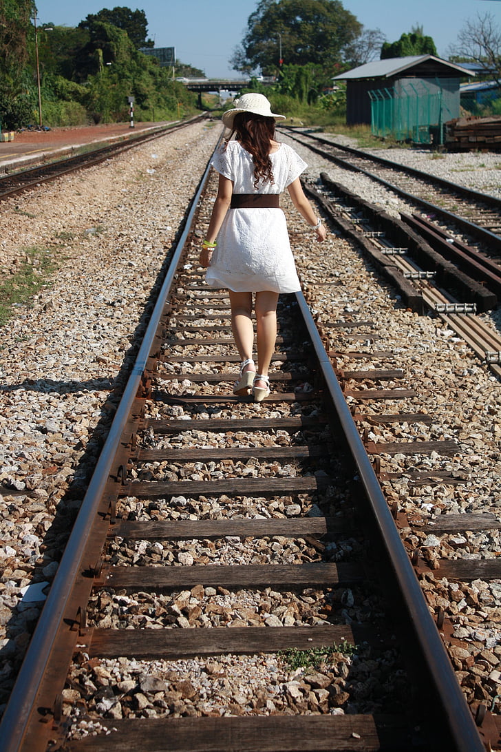 železniške, dekle, vlak, železniški, sam, prevoz, počitnice