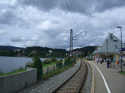 Schluchsee, plate-forme, Gare ferroviaire, semblait, voie ferrée, nuages