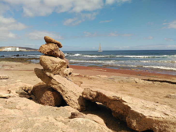 beach, costa, sea, waves, stones, pyramid, composition