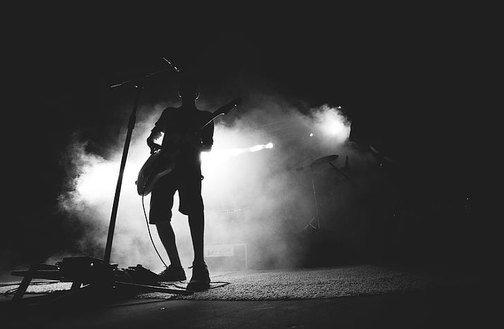 grayscale, photo, person, playing, guitar, music, concert music