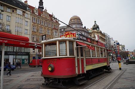 prague, travel, tram streetcar, city ​​center, old town, street, public transport