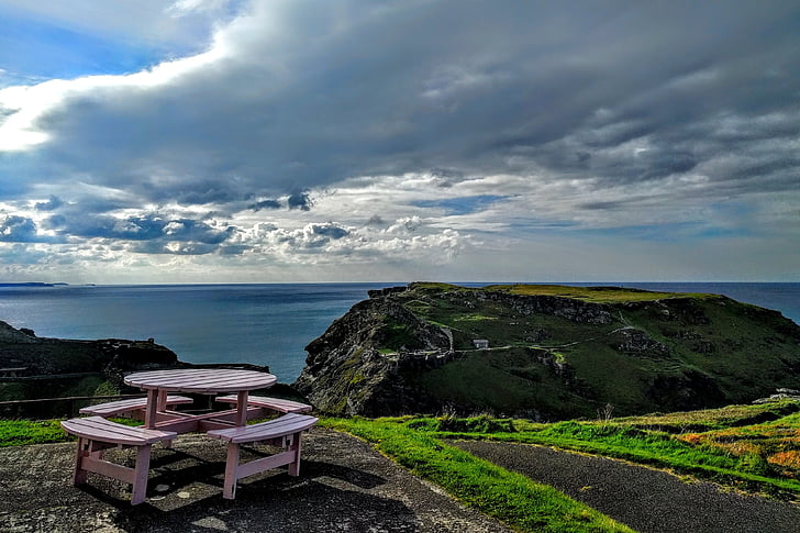 Costa, Cornwall, cielo, orizzonte, vista sul mare, soleggiato, pic-nic