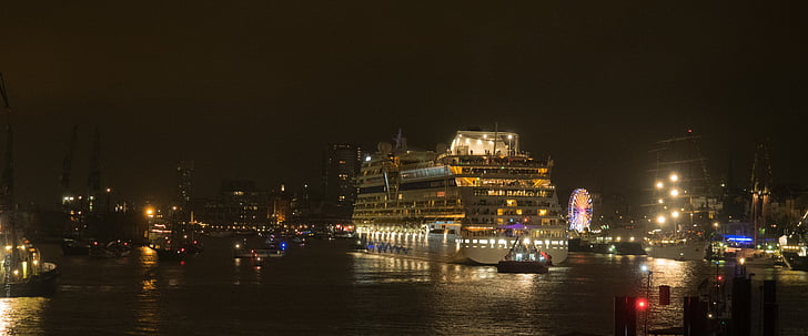 Hamburgo, à noite, hafengeburtstag, navio de cruzeiro, Alemanha, Porto, Aida
