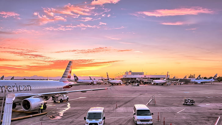 lufthavn, fly, Gates, flyvningen linje, luftfart, Sunset, Twilight