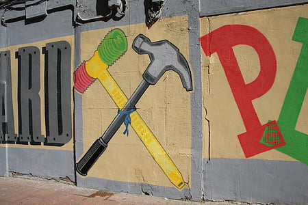Graffiti, arte urbana, martello, pittura, parete