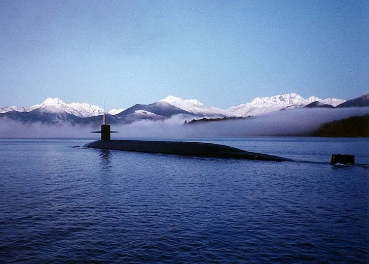 submarine, us navy, uss kentucky, cruising, surface, mountains