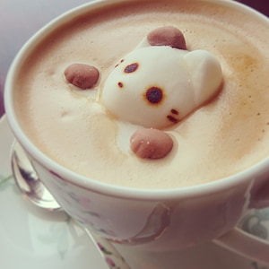 chá, gato, café, café, Copa, latte art, espuma