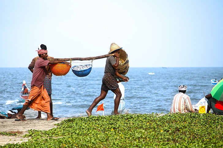 two, men, carrying, baskets, walking, near, sea