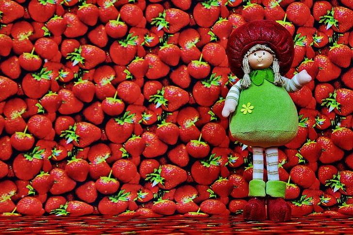 strawberries, doll, fruit, figure, red, one woman only, full length
