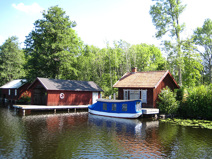 瑞典, göta 频道, 水, 房子, 桥梁, 小船, 树