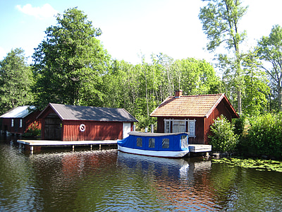 Sverige, Göta Kanal, vann, huset, Bridge, båt, treet