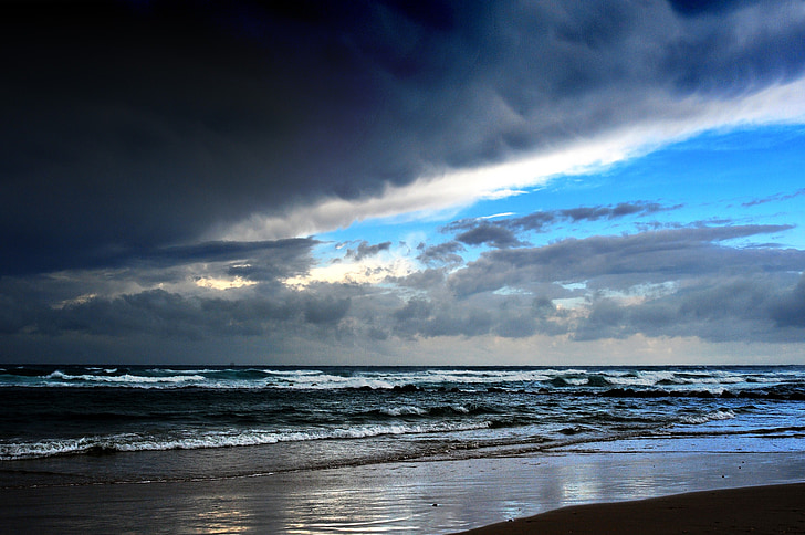 mar, nuvens, céu, nuvem de raios, céu azul, pedras, maré