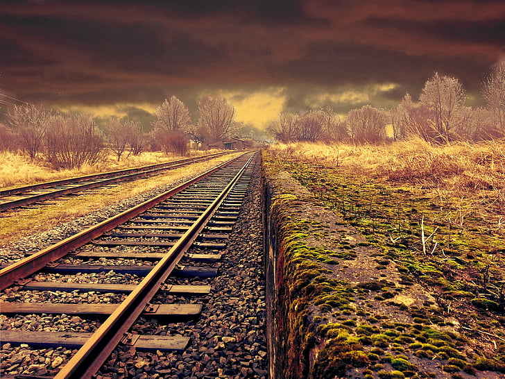 railway, landscape, transportation, weather, moody, scene, rail tracks