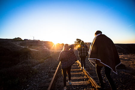 people, walking, tracks, rails, sunset, destination, direction