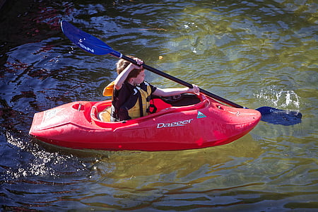 kayak, rivière, enfant, canoë, eau, kayak, Paddle